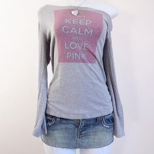 2010s keep calm love pink off shoulder ribbed long sleeve grey [m]